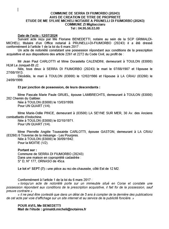 Avis de création de titre de propriété - Commune de Serra di Fiumorbu (Cismonte)