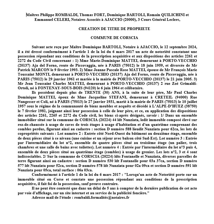 Avis de création de titre de propriété - Commune de Corscia (Cismonte)