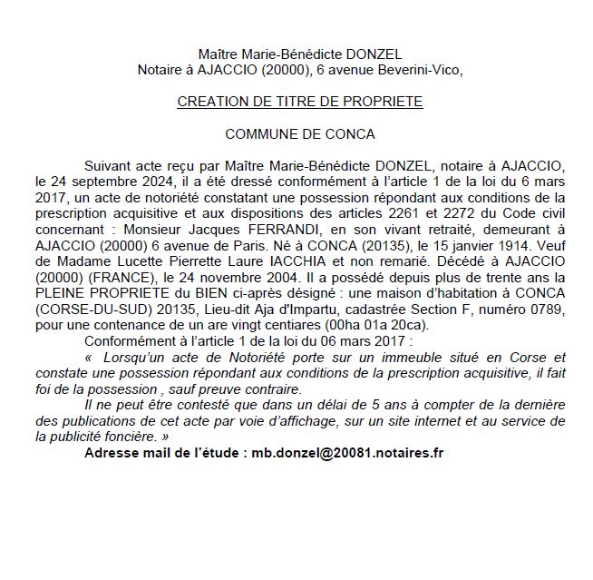 Avis de création de titre de propriété - Commune de Conca (Pumonti)