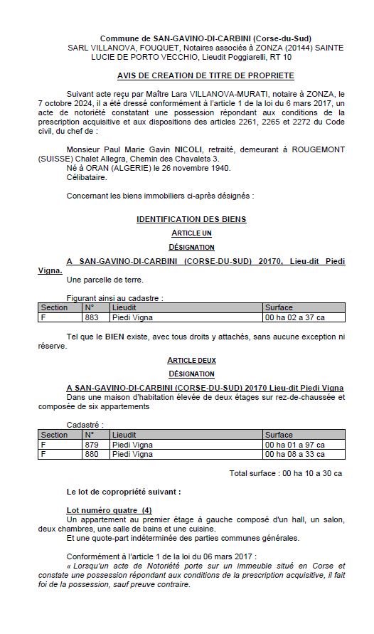 Avis de création de titre de propriété - Commune de San Gavinu di Carbini (Pumonti)