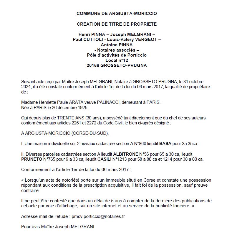 Avis de création de titre de propriété - Commune d'Arghjusta è Muricciu (Pumonti)