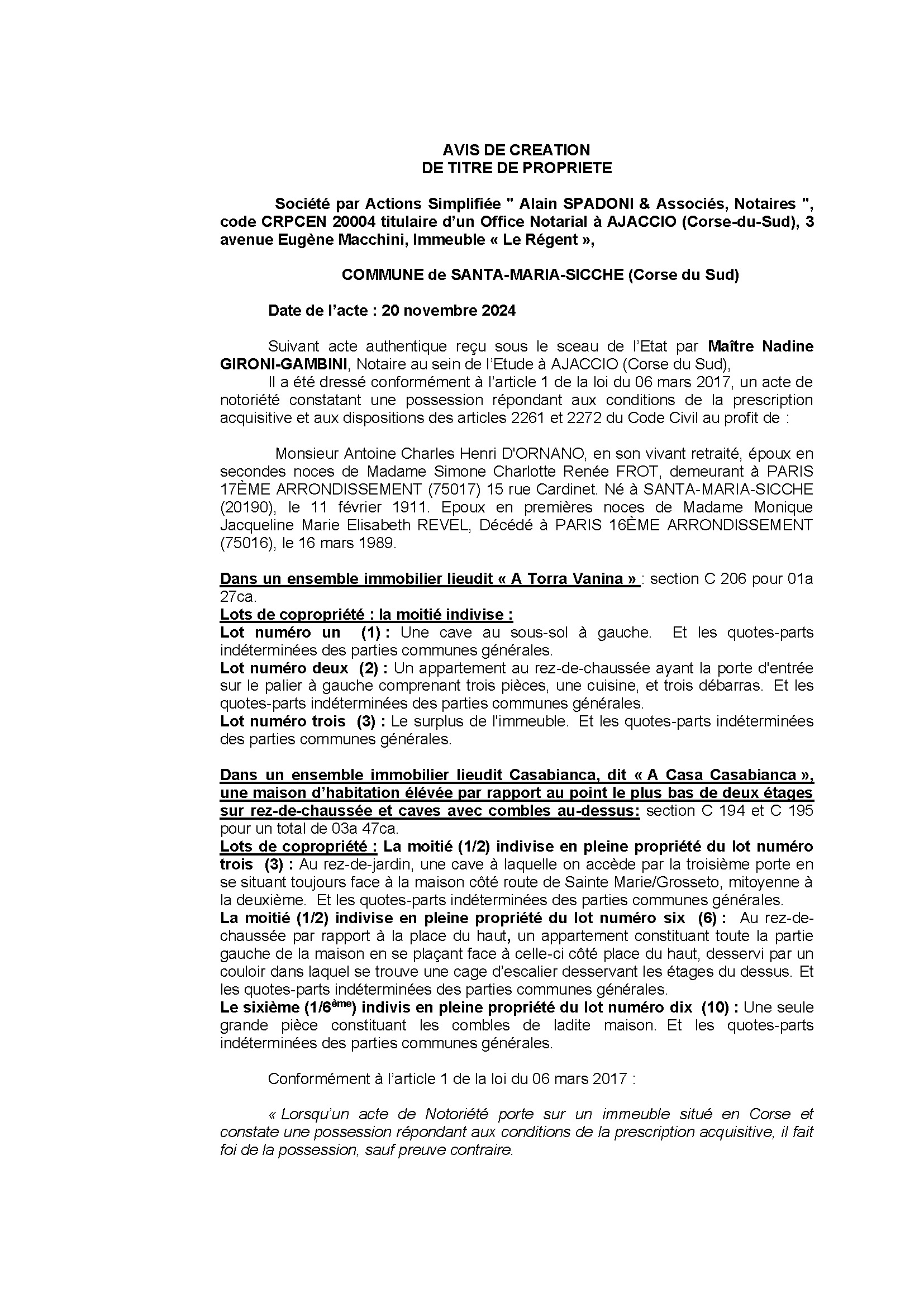 Avis de création de titre de propriété - Commune de Santa Maria Sichè (Pumonti)