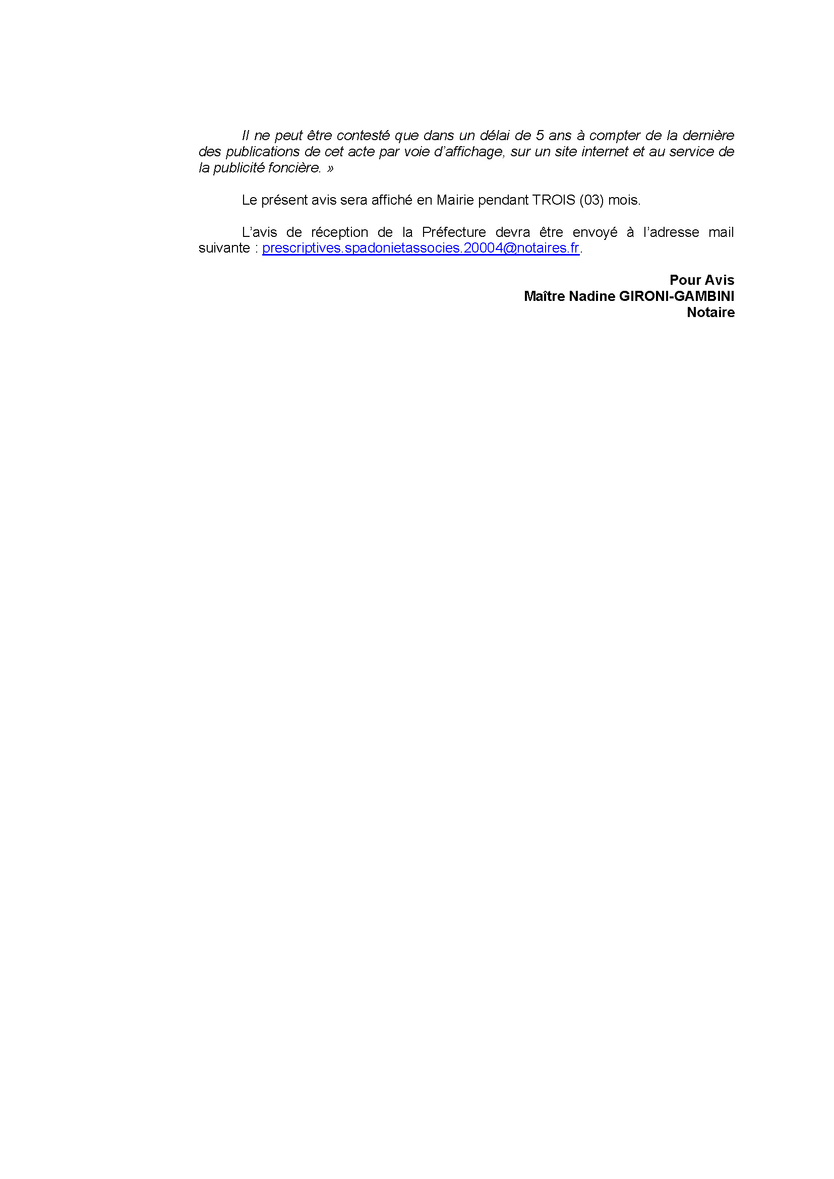Avis de création de titre de propriété - Commune de Santa Maria Sichè (Pumonti)