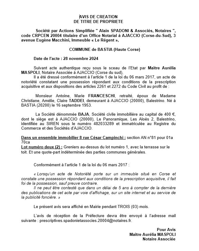 Avis de création de titre de propriété - Commune de Bastia (Cismonte)