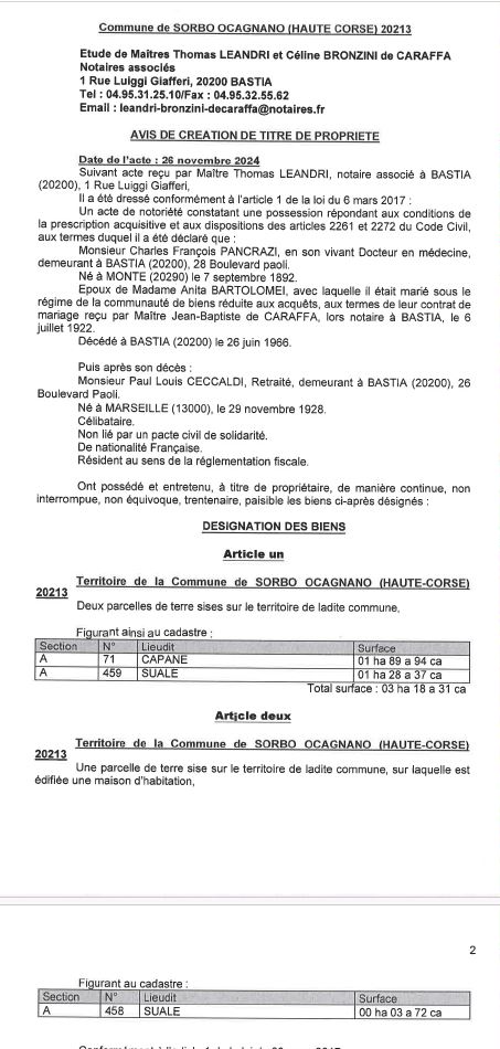 Avis de création de titre de propriété - Commune de Sorbu è Ocagnanu (Cismonte)