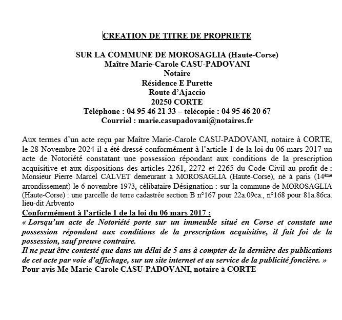 Avis de création de titre de propriété - Commune de Merusaglia (Cismonte)