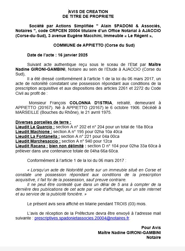 Avis de création de titre de propriété - Commune d'Appiettu (Pumonti)