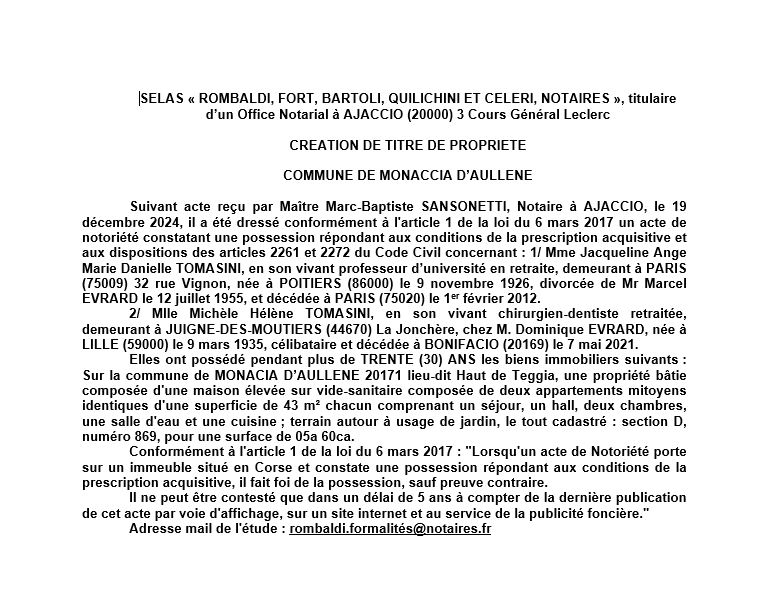 Avis de création de titre de propriété - Commune d'A Munacia d'Auddè (Pumonti)