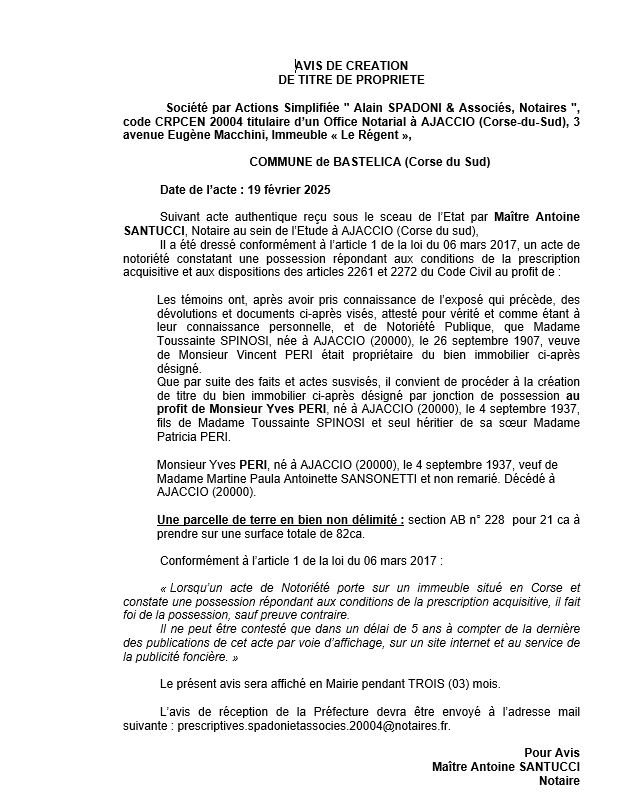 Avis de création de titre de propriété - Commune de Bastelica (Pumonti)