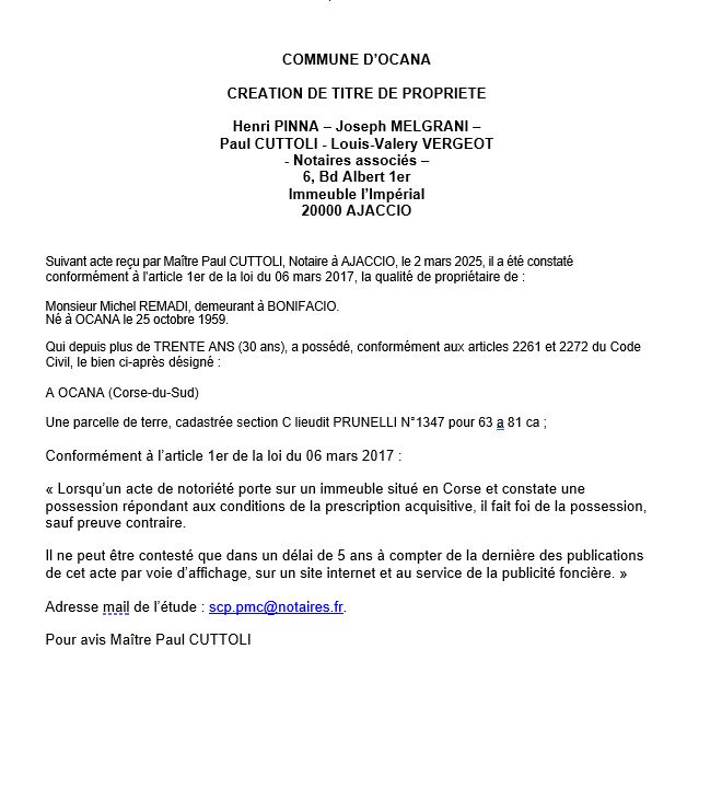 Avis de création de titre de propriété - Commune d'Ocana (Pumonti)