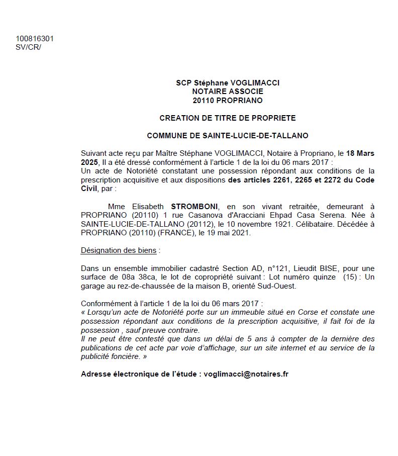 Avis de création de titre de propriété - Commune de Santa Lucia di Tallà (Pumonti)