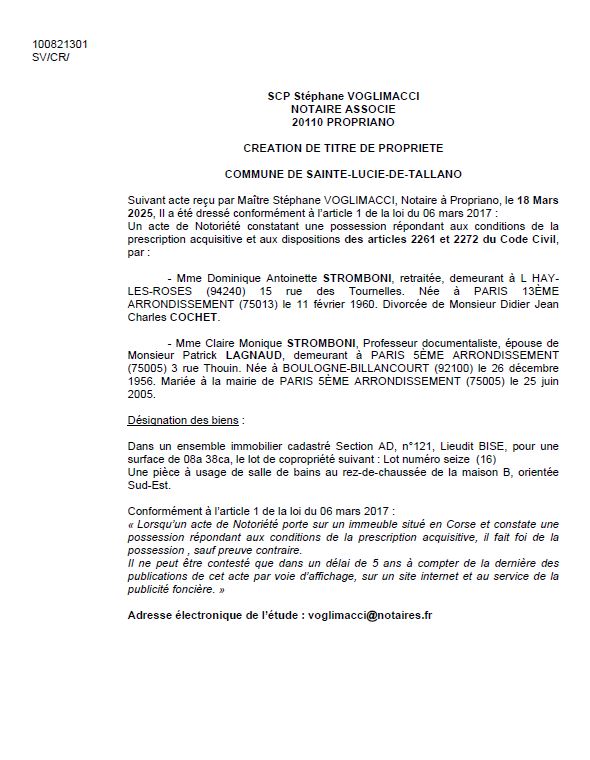 Avis de création de titre de propriété - Commune de Santa Lucia di Tallà (Pumonti)