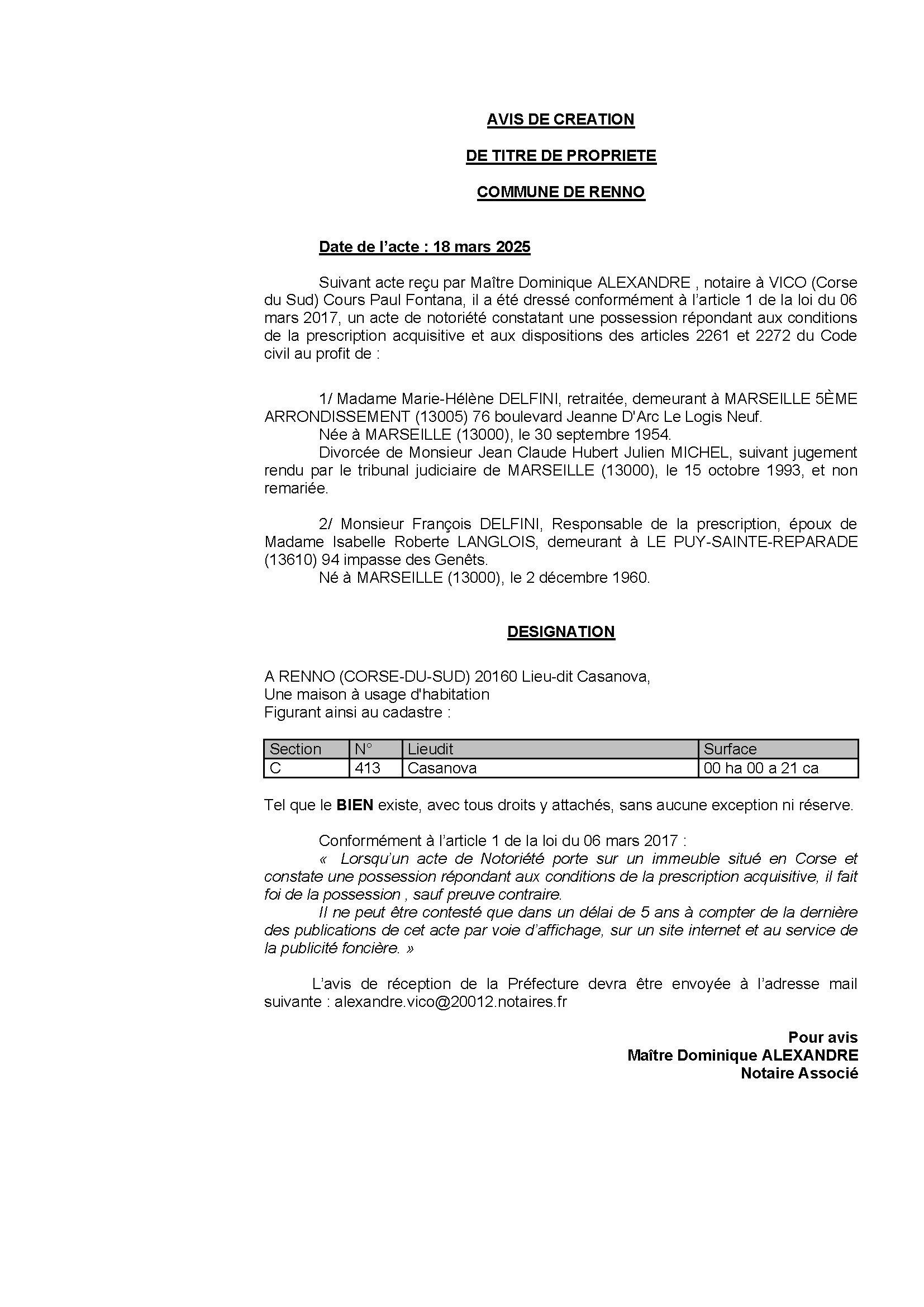 Avis de création de titre de propriété - Commune de Rennu (Pumonti)