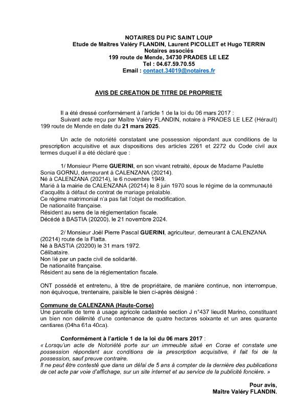 Avis de création de titre de propriété - Commune de Calenzana (Cismonte)
