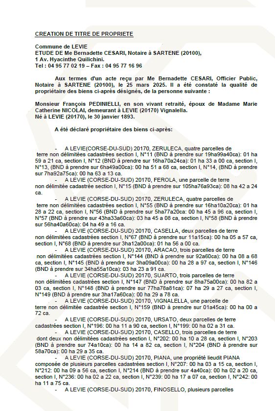 Avis de création de titre de propriété - Commune de Livia (Pumonti)