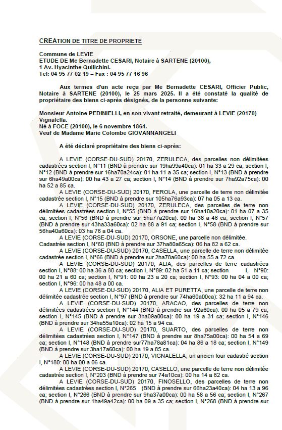 Avis de création de titre de propriété - Commune de Livia (Pumonti)