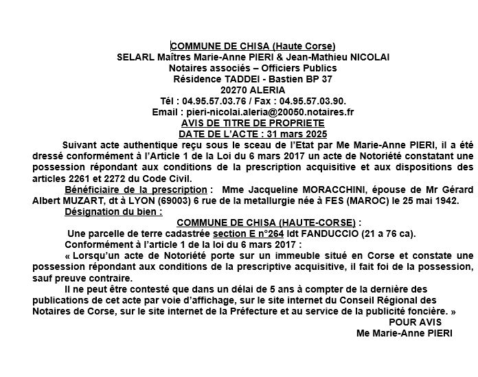 Avis de création de titre de propriété - Commune de Chisà (Cismonte)