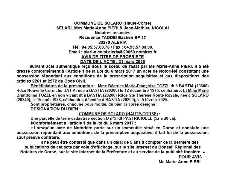 Avis de création de titre de propriété - Commune d'U Sulaghju (Cismonte)