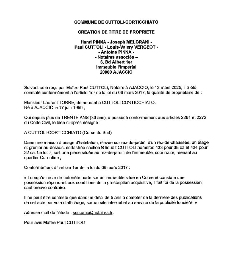Avis de création de titre de propriété - Commune de Cutuli è Curtichjatu (Pumonti)