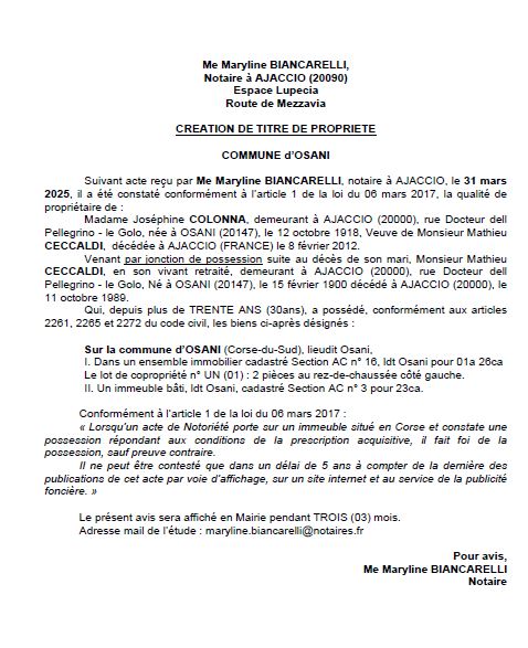 Avis de création de titre de propriété - Commune d'Osani (Pumonti)
