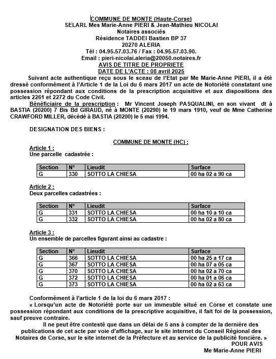 Avis de création de titre de propriété - Commune d'U Monte (Cismonte)
