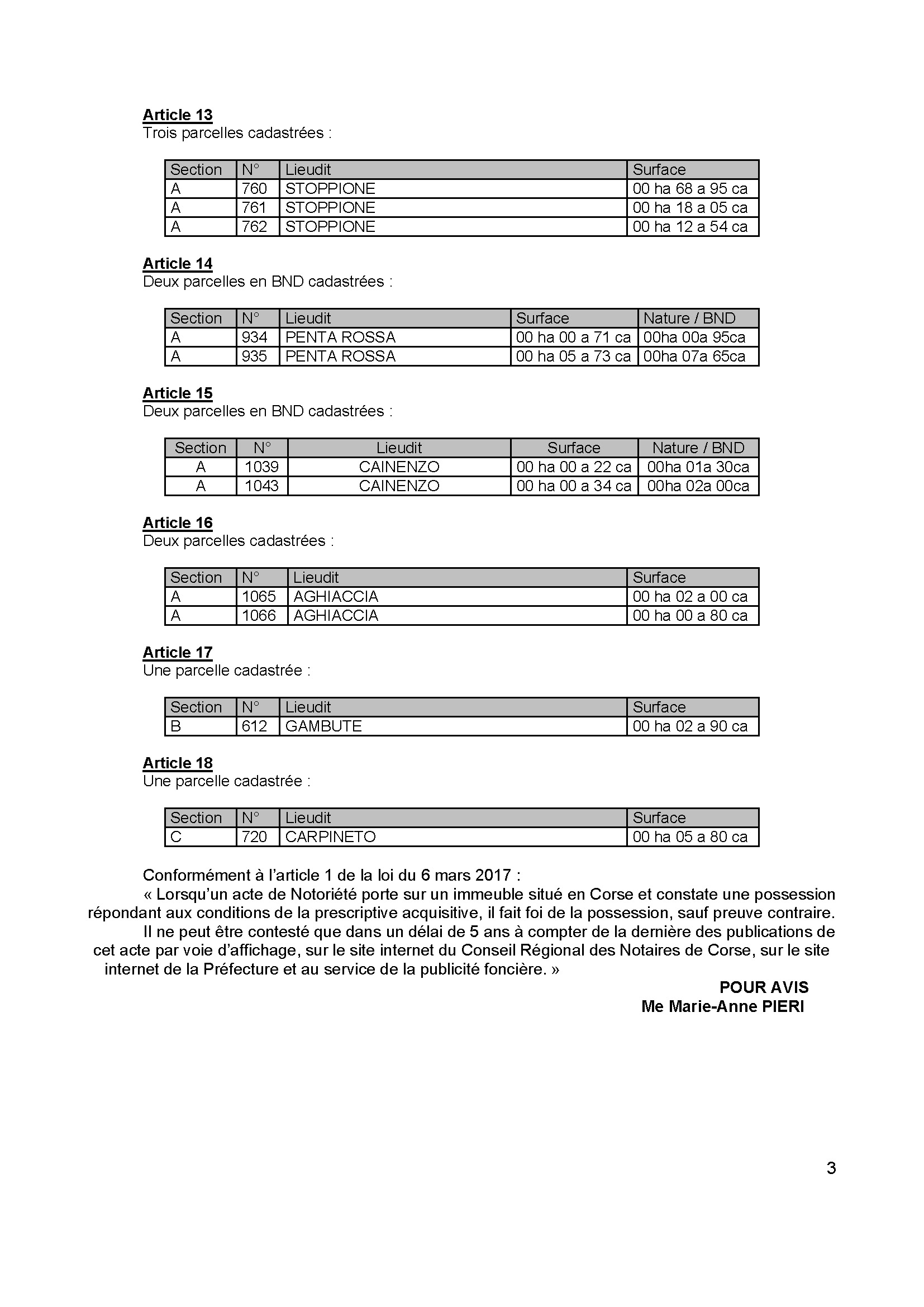 Avis de création de titre de propriété - Commune de Santa Riparata di Moriani (Cismonte)