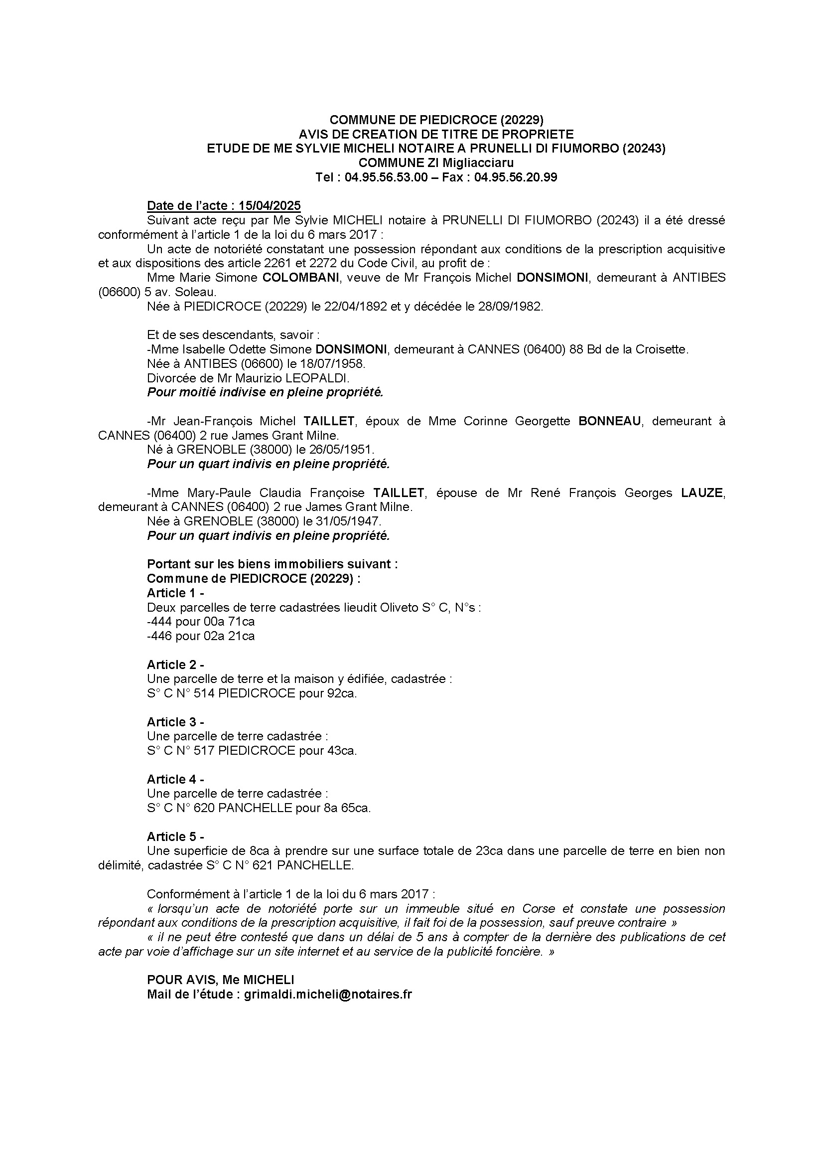 Avis de création de titre de propriété - Commune de Pedicroce (Cismonte)