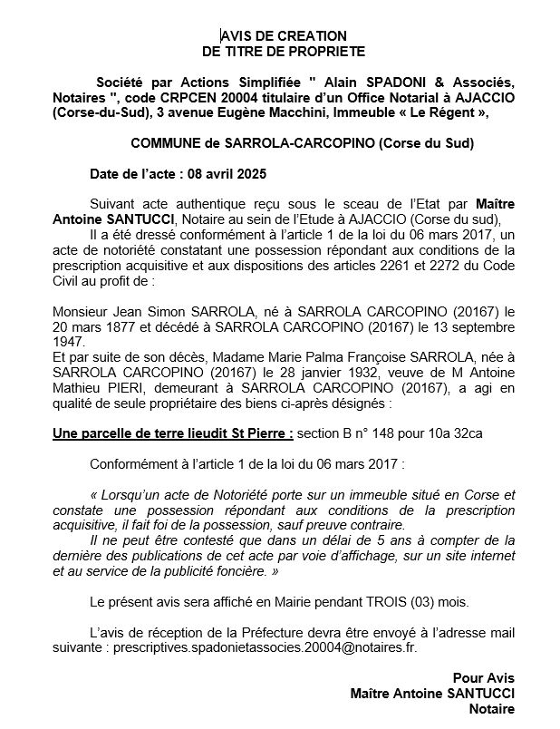 Avis de création de titre de propriété - Commune de Sarrula è Carcupinu (Pumonti)