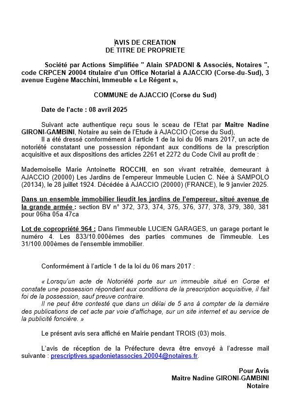 Avis de création de titre de propriété - Commune d'Aiacciu (Pumonti)