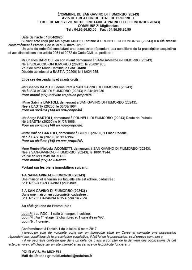 Avis de création de titre de propriété - Commune de San Gavinu di Fiumorbu (Cismonte)