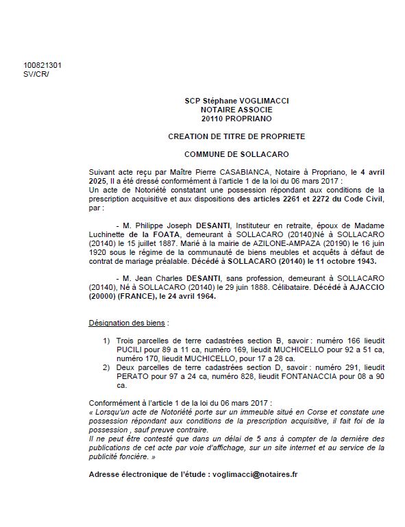 Avis de création de titre de propriété - Commune de Suddacarò (Pumonti)