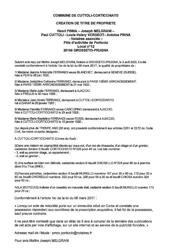 Avis de création de titre de propriété - Commune de Cutuli è Curtichjatu (Pumonti)
