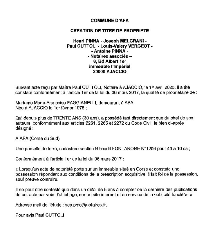 Avis de création de titre de propriété - Commune d'Afà (Pumonti)