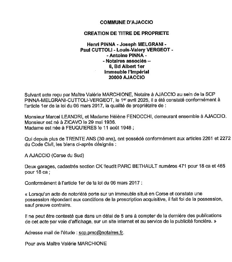 Avis de création de titre de propriété - Commune d'Aiacciu (Pumonti)