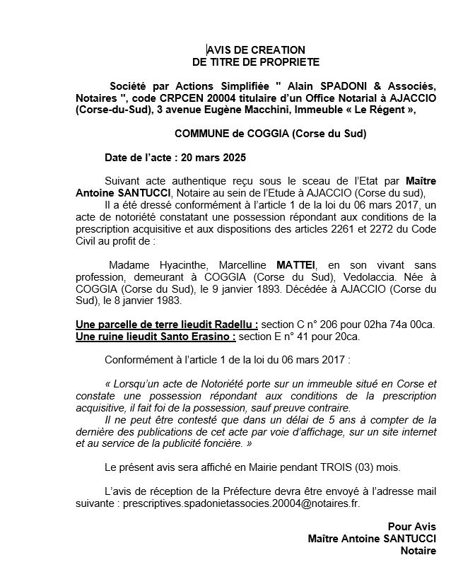 Avis de création de titre de propriété - Commune de Coghja (Pumonti)