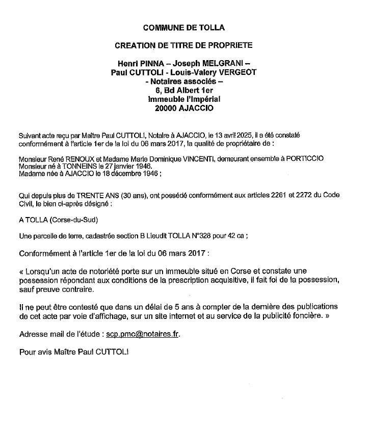 Avis de création de titre de propriété - Commune de Todda (Pumonti)