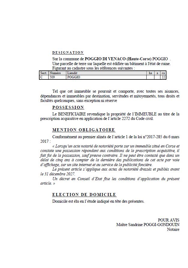 Avis de création de titre de propriété - Commune d'U Poghju di Venacu (Pumonti)