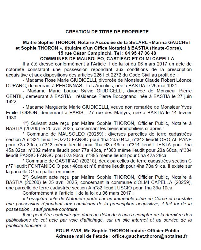 Avis de création de titre de propriété - Communes d'U Musuleu, Castifau, Loretu di Casinca  (Pumonti)
