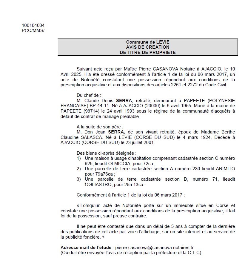 Avis de création de titre de propriété - Commune de Livia (Pumonti)