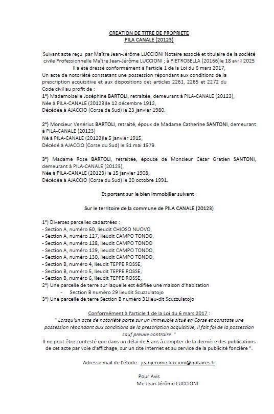 Avis de création de titre de propriété - Commune de Pila è Canali (Pumonti)