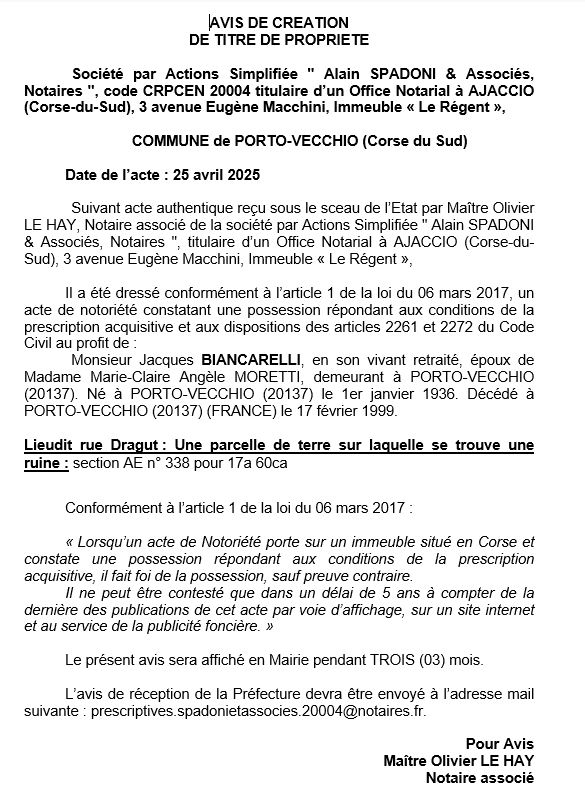 Avis de création de titre de propriété - Commune de Portivechju (Pumonti)