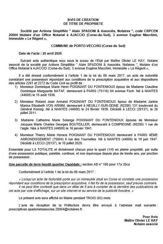 Avis de création de titre de propriété - Commune de Portivechju (Pumonti)