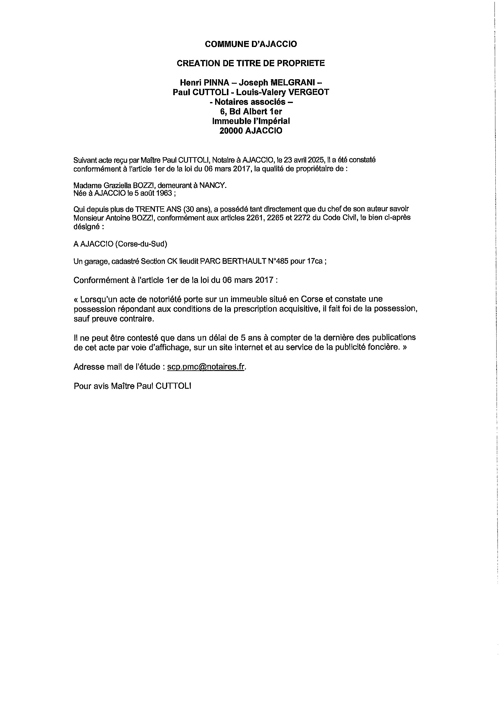 Avis de création de titre de propriété - Commune d'Aiacciu (Pumonti)