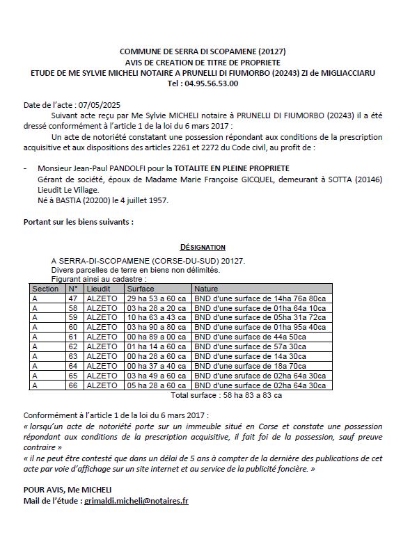 Avis de création de titre de propriété - Commune d'A Sarra di Scupamena (Pumonti)