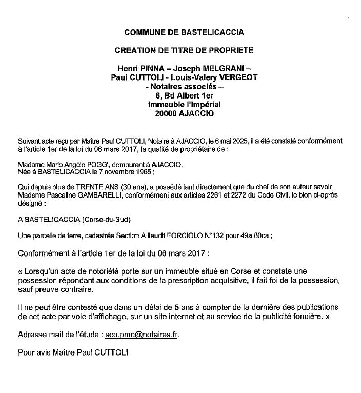 Avis de création de titre de propriété - Commune d'A Bastilicaccia (Pumonti)