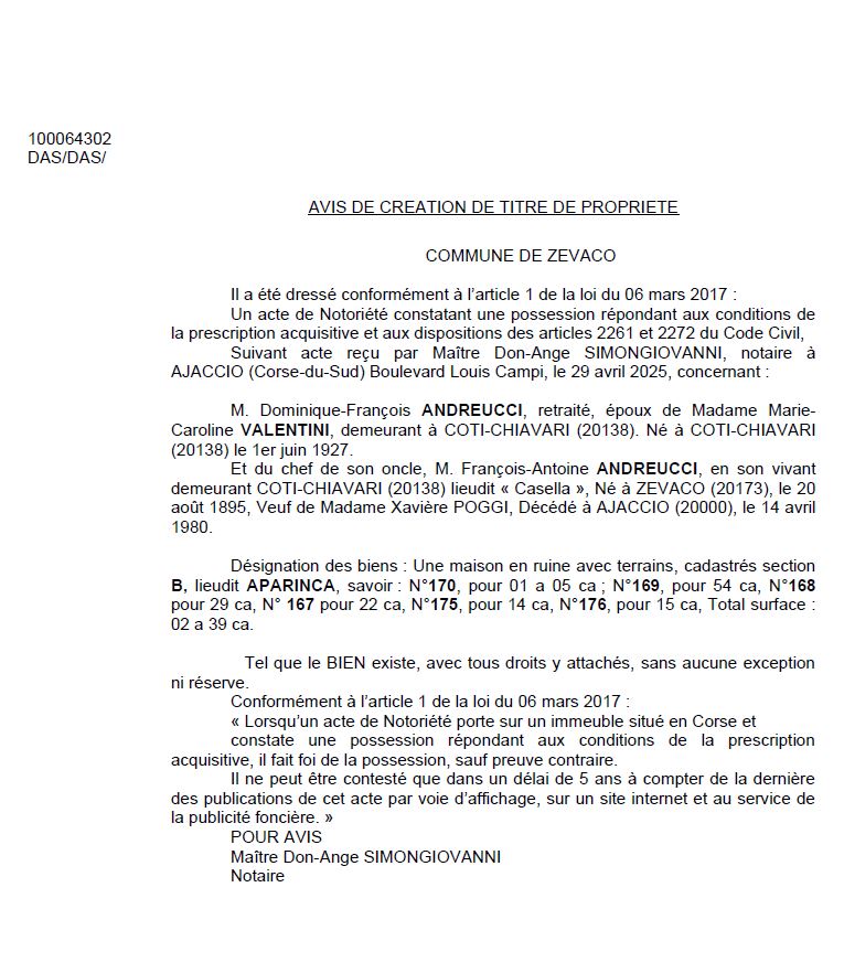 Avis de création de titre de propriété - Commune de Zevacu (Pumonti)