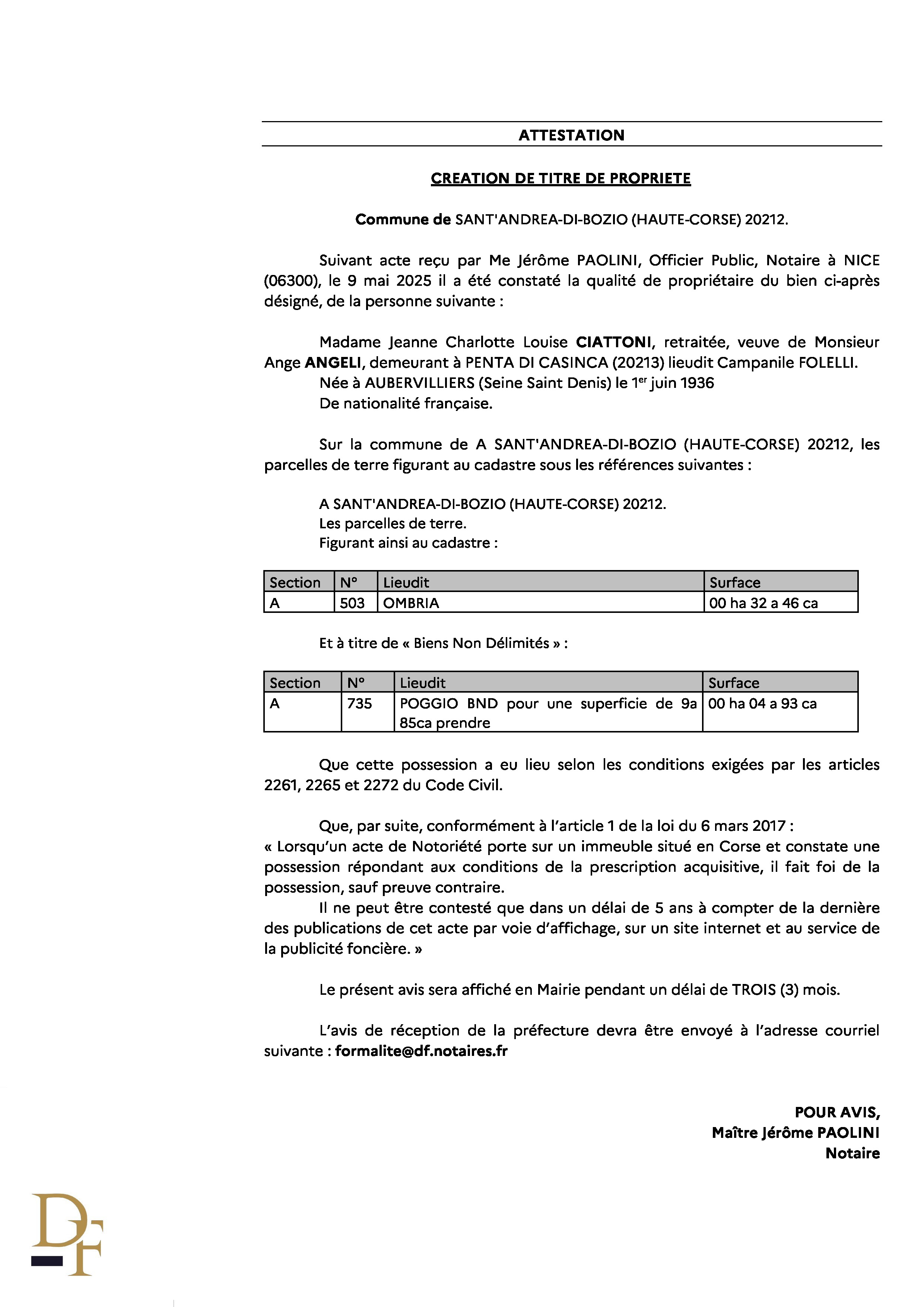 Avis de création de titre de propriété - Commune de Sant'Andria di Boziu (Cismonte)