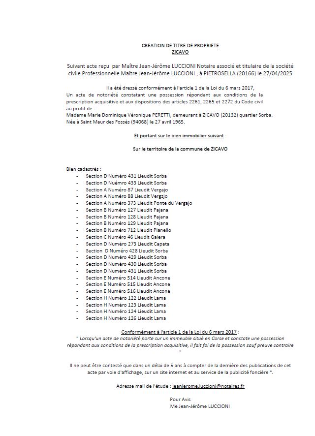 Avis de création de titre de propriété - Commune de Zicavu (Pumonti) Avis de création de titre de propriété - Commune de Zicavu (Pumonti)