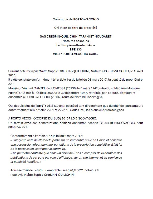 Avis de création de titre de propriété - Commune de Portivechju (Pumonti)