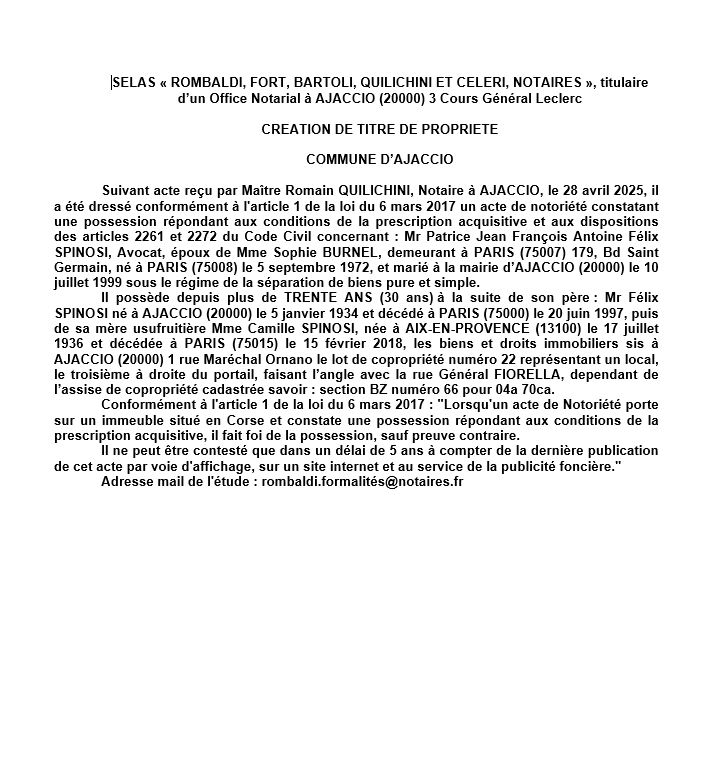 Avis de création de titre de propriété - Commune d'Aiacciu (Pumonti)